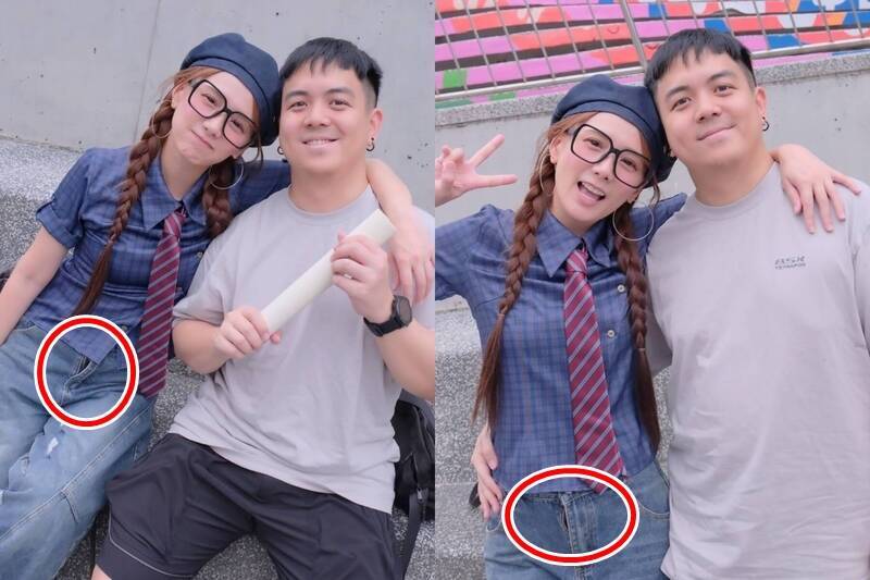 解婕翎（左）跟男友6tan合照時也忘記拉拉鍊（紅圈處）。（本報合成，翻攝自IG）