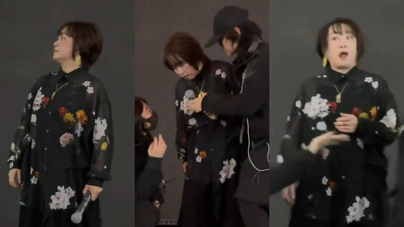 大槻真希唱一半被請下台，表情錯愕。（翻攝自X）