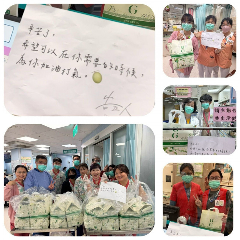 告五人送飲料力挺辛苦的醫護人員。（馬偕紀念醫院提供）