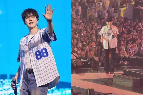 Super Junior圭賢不慎踩空，回場後拄著雨傘堅持繼續表演。（組合照，翻攝自X；讀者提供）