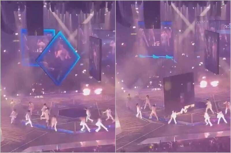 MIRROR演唱會的大螢幕掉落舞台，直接砸在舞者身上。（組合照，翻攝自網路）