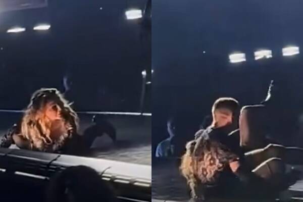 男舞者失足跌倒，瑪丹娜也連帶摔倒舞台上，不過瑪丹娜跌倒在台上仍繼續唱。（組合照，翻攝自IG）