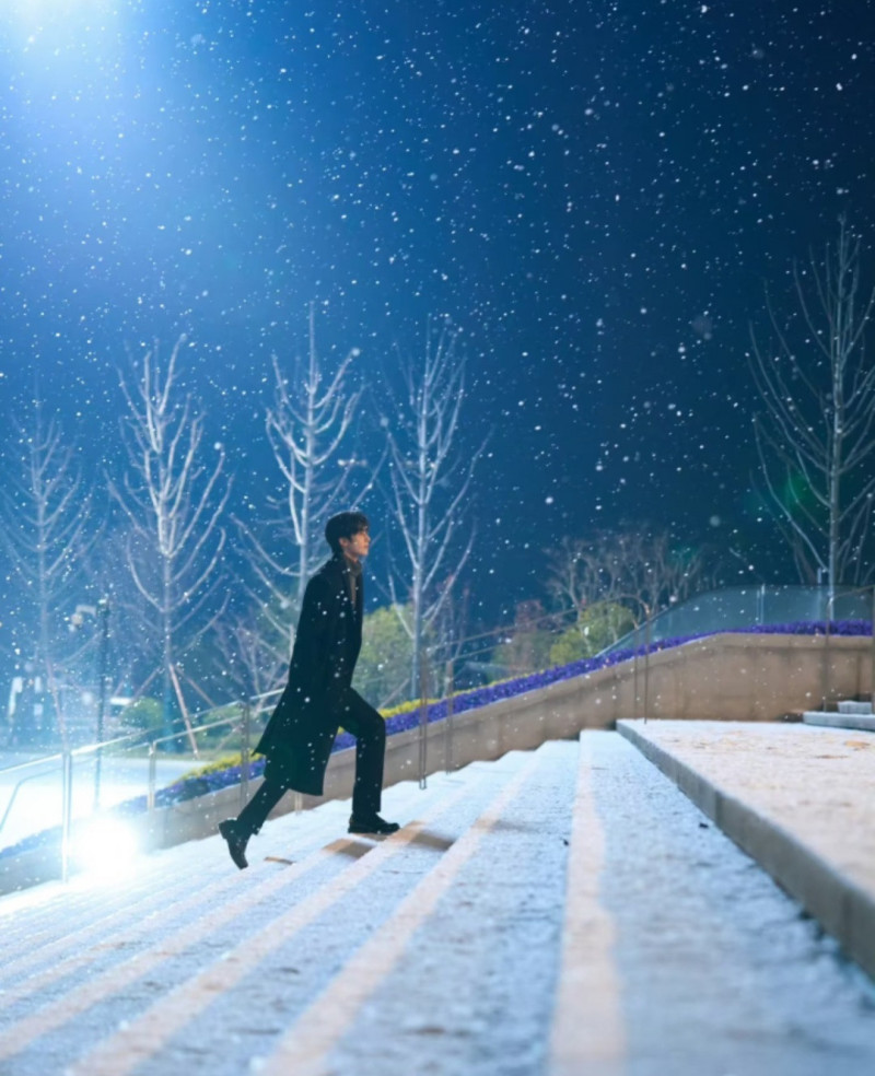 宋威龍雪夜裡兩步台階當一步的踏向女主角，被封為「台階戰神」。（翻攝自網路）