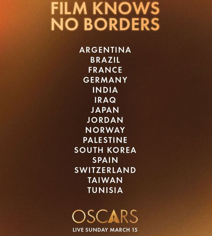 美國影藝學院今列出15部作品出品國，其中台灣（Taiwan）與各國並列。（圖／翻攝自X平台 @The Academy）