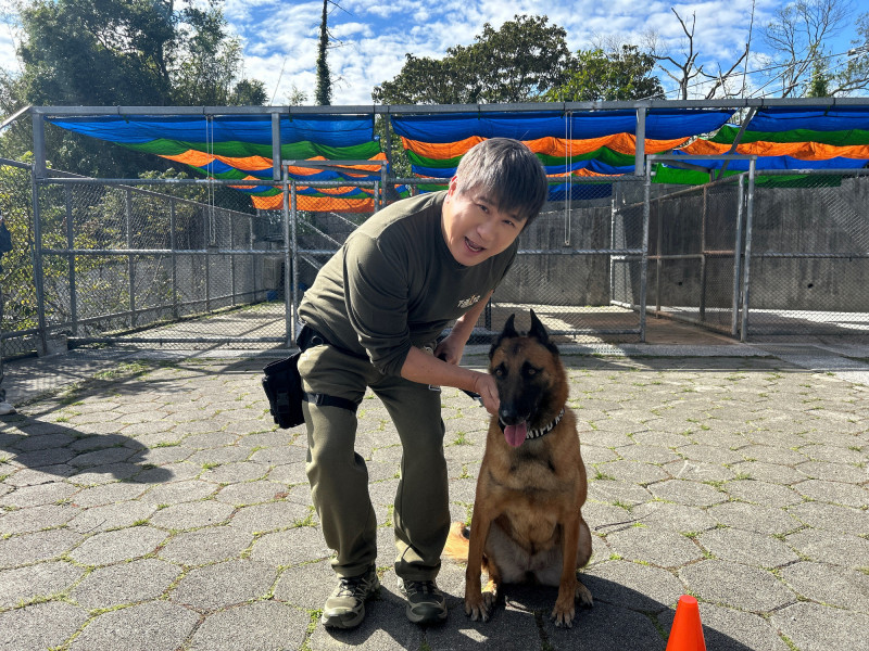 胡瓜在訓練場中與偵爆犬Apple搭檔進行任務。（民視提供）