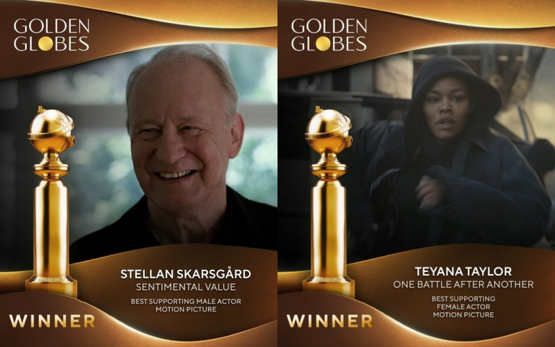最佳男配角《情感的價值》史戴倫史柯斯嘉、最佳女配角《一戰再戰》堤亞娜泰勒。（翻攝自金球獎官方X）