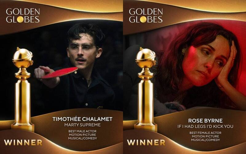 《橫衝直闖》提摩西夏勒梅以及《媽的踹爆你》蘿絲拜恩，分別獲得電影類音樂或喜劇類影帝后。（翻攝自金球獎官方X）