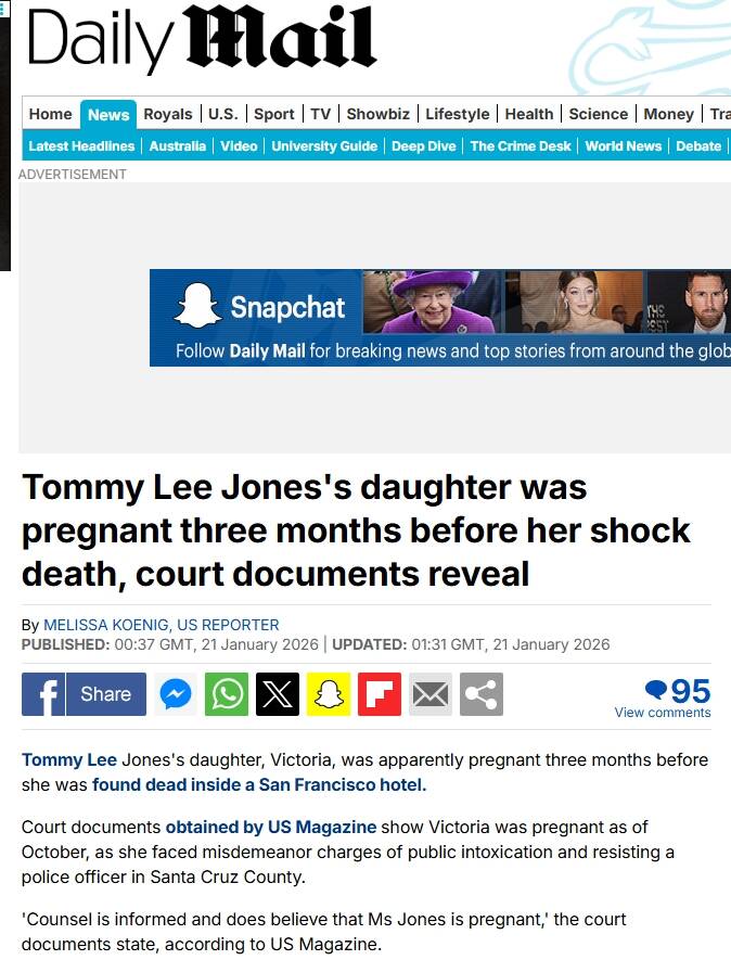 《每日郵報》披露湯米瓊斯死前已懷孕的消息。（翻攝自官網）