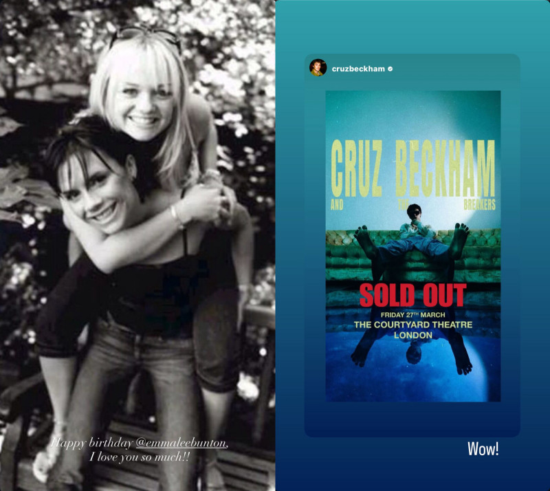 維多利亞在 IG限時動態，為辣妹合唱團成員艾瑪慶生（左），同時也轉發20歲兒子克魯茲演唱會售罄消息（右）。（翻攝自IG）