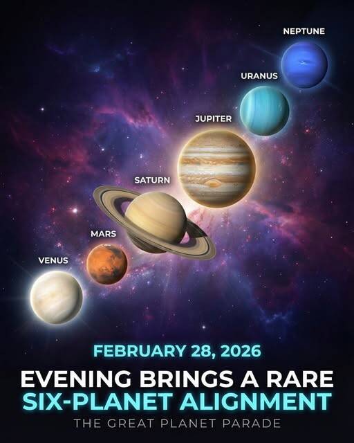 2/28將迎來木星、天王星、土星、海王星、金星與水星「六星連珠」的天文奇觀,占星達人認為這也將帶來運勢改變!(翻攝自Sky&Earth臉書)