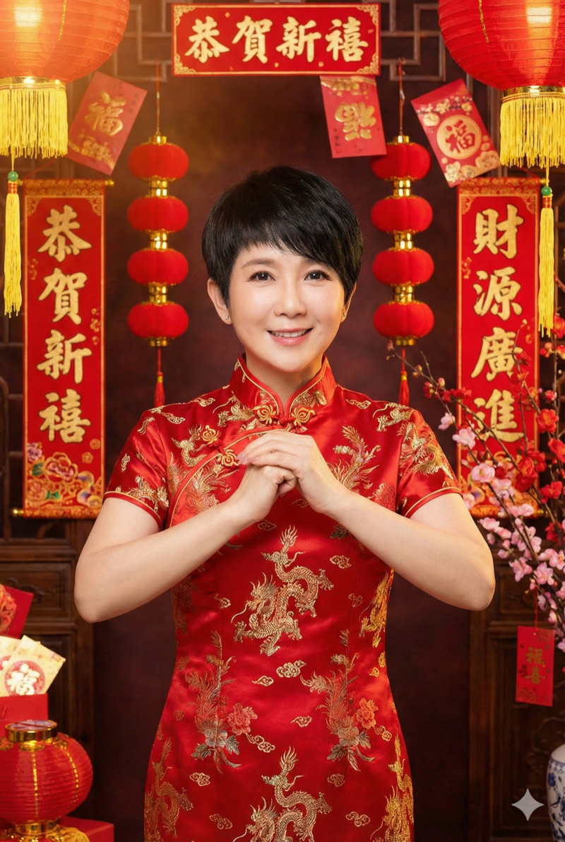 周思潔旗袍造型拜年。（萊格悠國際文化提供）