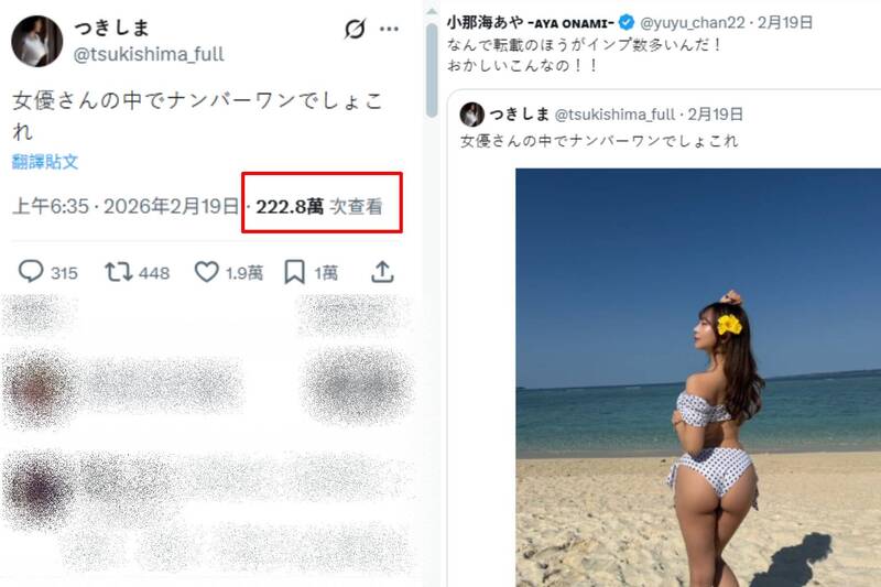 網友轉發小那海綾沙灘美照，瀏覽人數竟本本尊高7倍。（本報合成圖，翻攝自X）