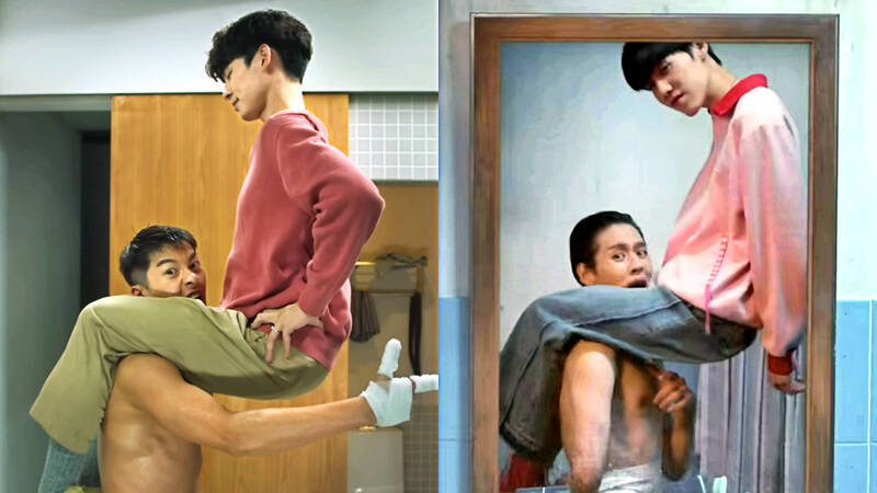 《冥婚鬧泰大》（右）神還原《關於我和鬼變成家人的那件事》林柏宏騎上許光漢的名場面。（翻攝自YouTube）