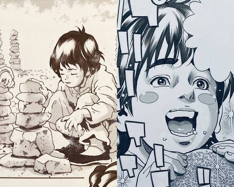 最新197話的預告中，可以看到有孩童在民間信仰中冥界的「三途川」河岸堆疊石頭（左圖）。（組合照，翻攝自X）