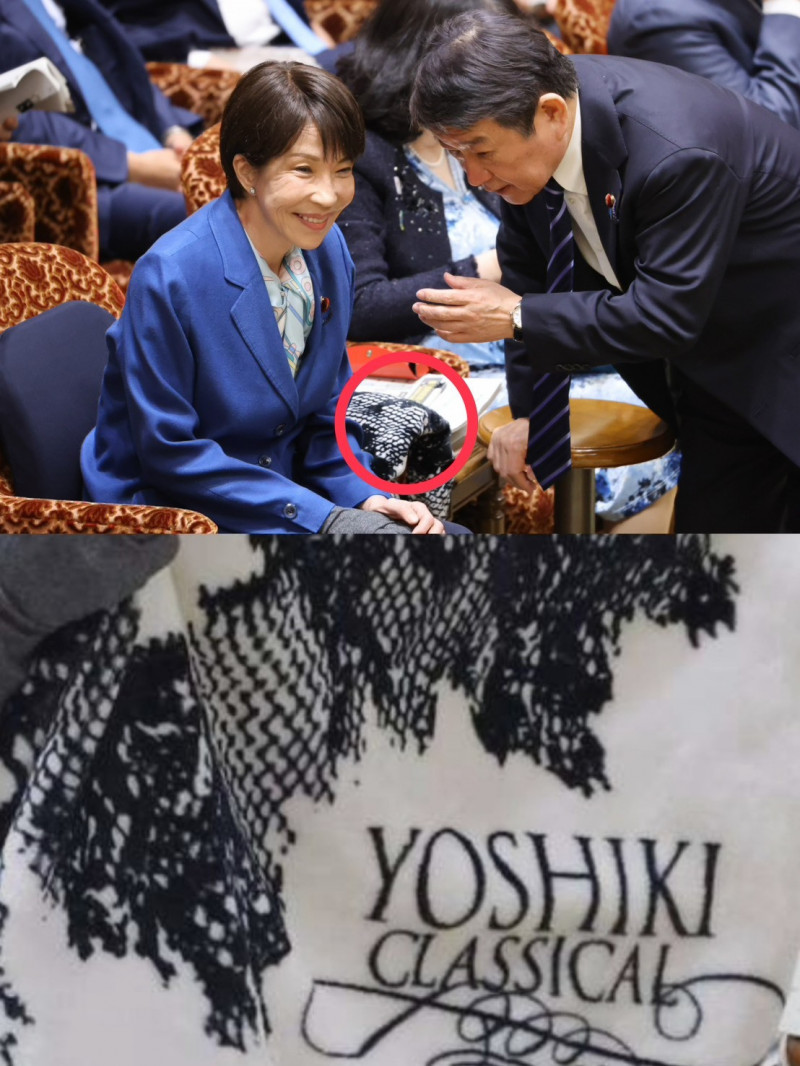 高市早苗將YOSHIKI毛巾隨身攜帶（紅圈處），令粉絲會心一笑。（達志影像，合成圖）