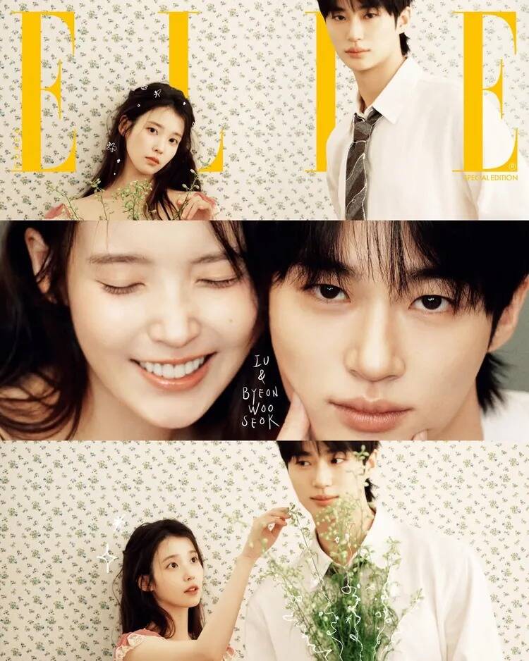 在《21世紀大君夫人》擔任主演的IU（左）和邊佑錫，從戲裡到戲外都給人一種親密的感覺。（翻攝自ELLE IG）