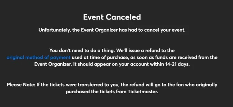 負責i-dle北美巡演售票的網站Ticketmaster，表示會主動退款。（翻攝自Ticketmaster）