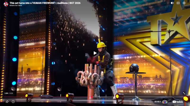 台灣「水管阿民」頭部蜂炮秀。（翻攝YT頻道「Britain's Got Talent」）