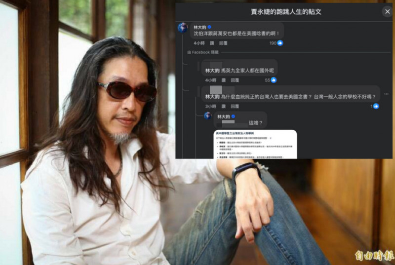 林大鈞（圖）發聲力挺賈永婕，並列出韓國瑜、傅崐萁等多名具中國學歷背景的政治人物反擊酸民。（組合照經馬賽克處理，本報資料照、翻攝自臉書）