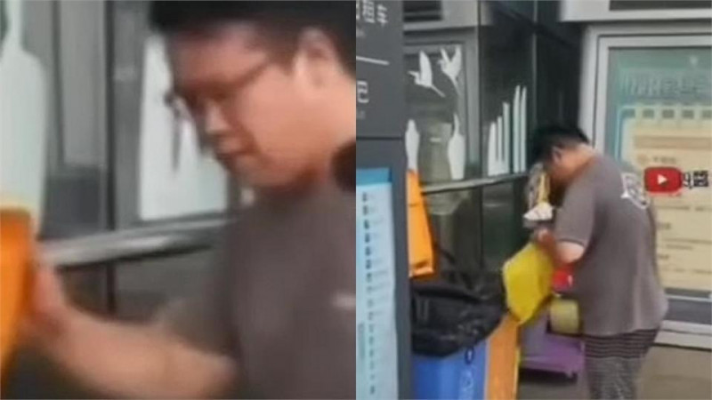 網路瘋傳應志宏在中國翻垃圾桶撿回收的影片。（翻攝自微博）