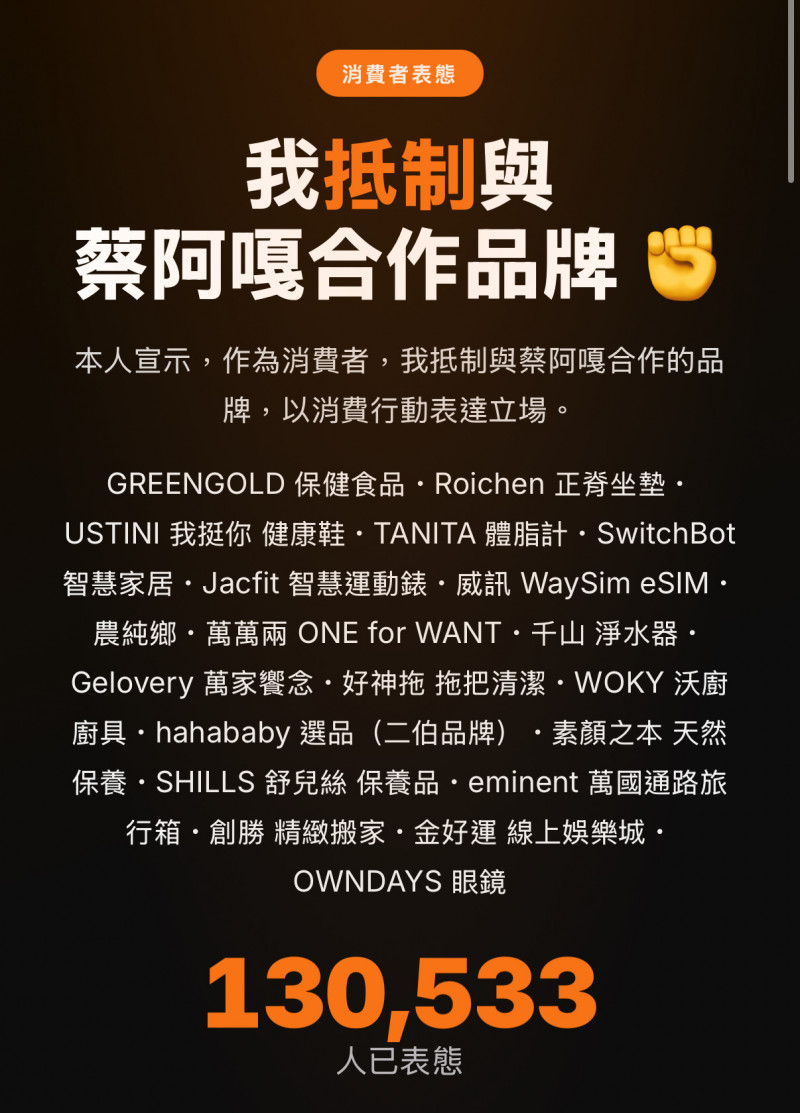 蔡阿嘎遭13萬人連署抵制。（翻攝自antiaga vercel）