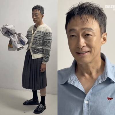 韓國影帝李星民拍攝時尚雜誌，穿上裙裝。（翻攝自Dazed Korea）  