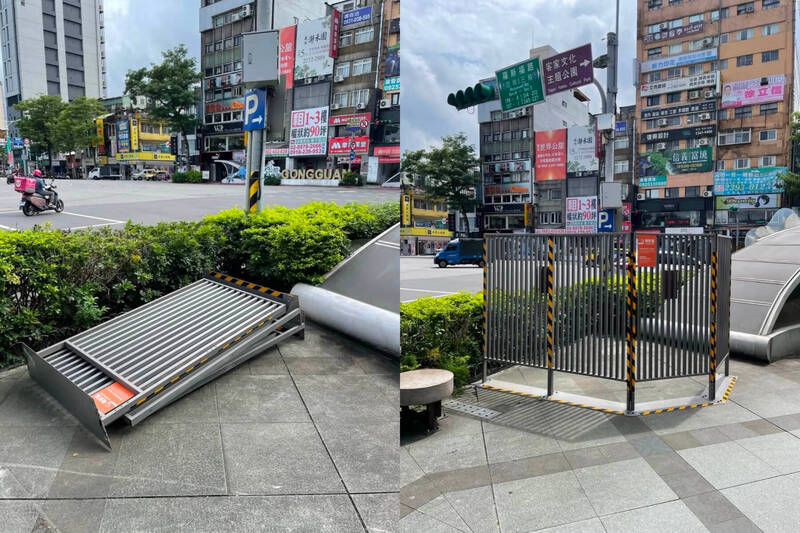 外觀遭譏像狗籠的金屬柵欄吸菸區已拆除。（本報合成圖，翻攝自臉書）