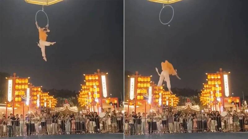 表演者在高空吊環變換動作時，自半空中墜下。（翻攝自小紅書）