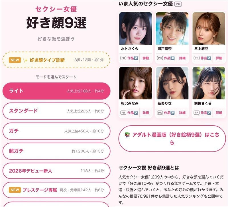 日本影音平台近期推出「9大神顏人物」票選活動，從超過千名AV女優當中選出粉絲心目中最喜愛的「神顏」。（翻攝自X）