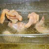 大火200℃熱油鍋，以蓋過食材油量炸醃好的雞翅，約20分鐘後即可取出瀝乾。