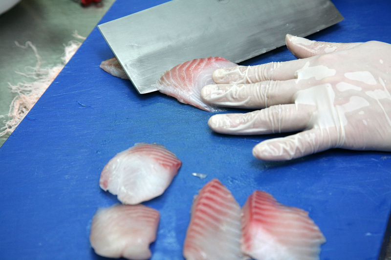 鯛魚片洗淨後，對開去除魚刺。鯛魚片斜刀切片備用。
	