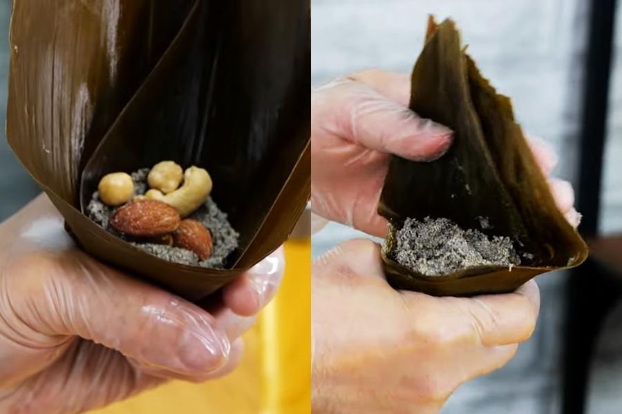 取粽葉捲成筒狀，先挖入適量的燕麥泥，中間包入堅果，上面再填上燕麥泥補到8-9分滿。將粽葉蓋起後包裹，用麻繩綑綁固定，冷藏4小時定型即完成。