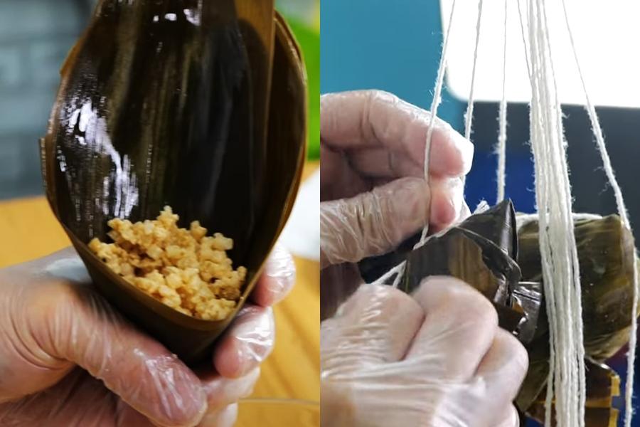 取粽葉捲起，先填入適量花椰菜米，再放入香菇、鐵蛋等餡料，再填入花椰菜米至8-9分滿，用粽繩綑綁固定。