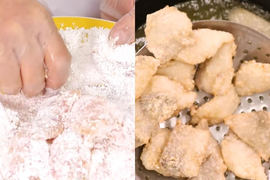 將炸粉材料混合，醃好的魚片均勻沾附炸粉，接著放入攝氏180度油鍋中炸至金黃酥脆起鍋。