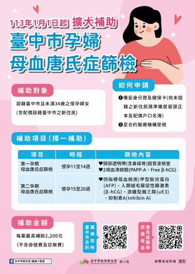 安心懷孕 中市明年元旦起擴大補助唐氏症篩檢