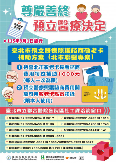 敬老卡可折抵、補助提高至1000元 北市衛生局推「預立醫療照護諮商」優惠