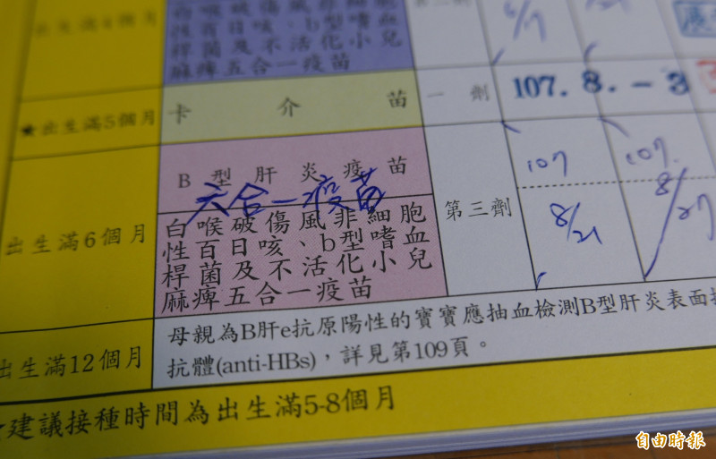 台灣2018年時曾短暫引進六合一疫苗做為公費施打,取代出生滿6個月嬰幼兒原應接種的第3劑B肝疫苗及五合一疫苗。(記者蔡淑媛攝) 4218090 5
