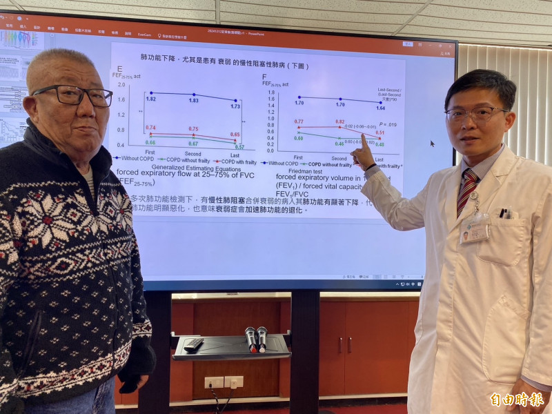 翁碩駿醫師（右）向林先生（左）說明肺阻塞合併衰弱症會加速肺功能衰退。（記者蔡淑媛攝）