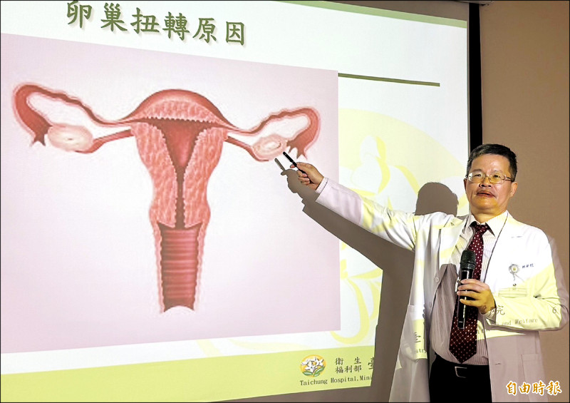 ▲林新旺醫師說明,婦人左側卵巢有顆11公分的巨大囊腫。(記者蔡淑媛攝) ▲林新旺醫師說明,婦人左側卵巢有顆11公分的巨大囊腫。(記者蔡淑媛攝)