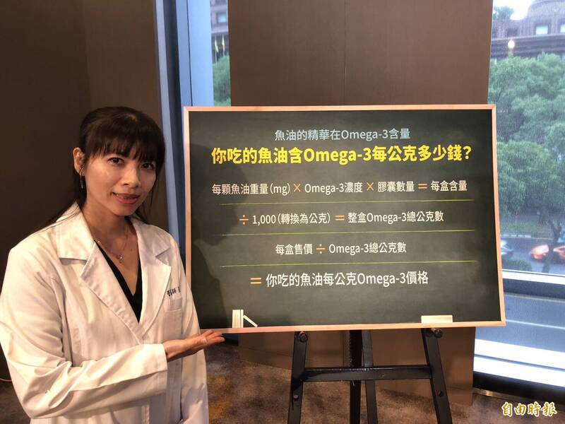 營養師張馨方說,補足魚油很好,買到物超所值更棒。(記者李惠芬攝) 營養師張馨方說,補足魚油很好,買到物超所值更棒。(記者李惠芬攝)