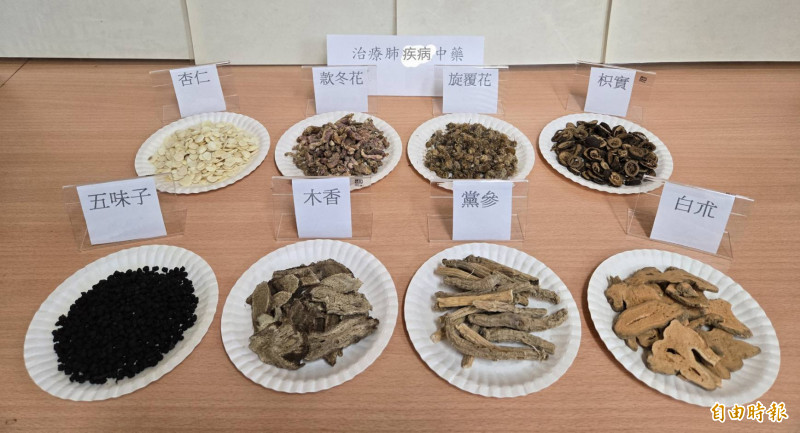 中醫師陳霖光採用「潤肺止咳、化痰定喘」中藥治療肺氣腫合併慢性肺阻塞 患者,藥材包括杏仁、款冬花、旋覆花、枳實、五味子、木香、黨蔘、白朮等。(記者歐素美攝) 中醫師陳霖光採用「潤肺止咳、化痰定喘」中藥治療肺氣腫合併慢性肺阻塞 患者,藥材包括杏仁、款冬花、旋覆花、枳實、五味子、木香、黨蔘、白朮等。(記者歐素美攝)