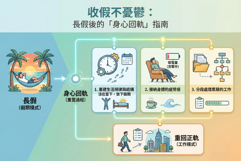 慈濟醫院提供長假後身心回軌指南供民眾參考。(台中慈濟醫院提供) 慈濟醫院提供長假後身心回軌指南供民眾參考。(台中慈濟醫院提供)