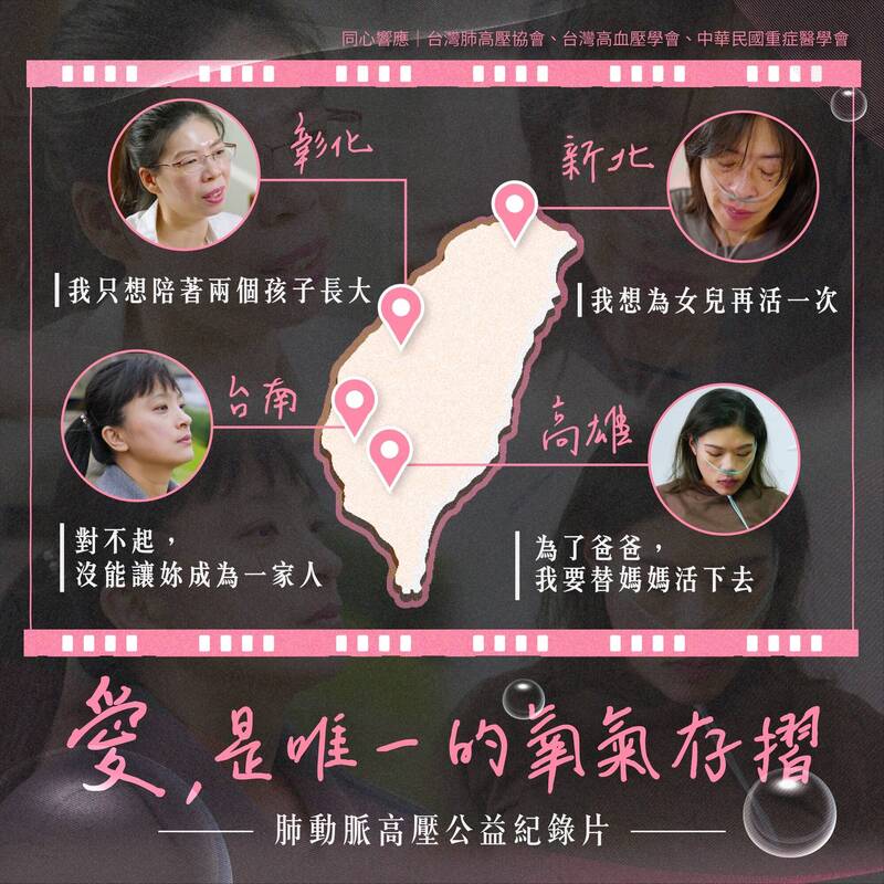 「愛,是唯一的氧氣存摺」系列影片走進多位年齡橫跨20至40歲的肺動脈高壓女性病友的生活中,淺談疾病對她們的影響。(台灣肺高壓協會提供) 「愛,是唯一的氧氣存摺」系列影片走進多位年齡橫跨20至40歲的肺動脈高壓女性病友的生活中,淺談疾病對她們的影響。(台灣肺高壓協會提供)