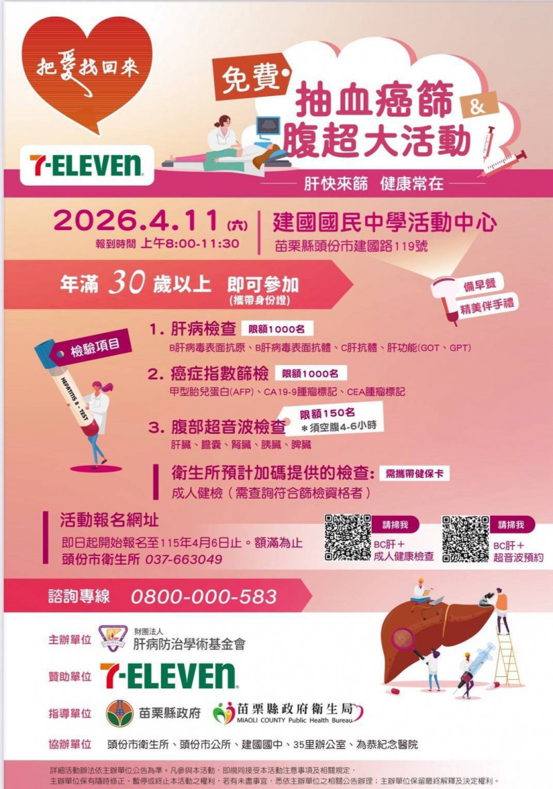 頭份11日免費健康篩檢！30歲以上可驗B、C肝與腹部超音波