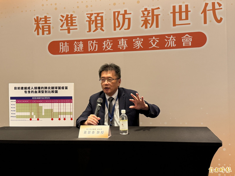 林口長庚醫院感染科教授黃景泰指出,新的肺炎鏈球菌疫苗對成人侵襲性肺炎鏈球菌感染症主要血清型的覆蓋率高。(記者羅碧攝) 林口長庚醫院感染科教授黃景泰指出,新的肺炎鏈球菌疫苗對成人侵襲性肺炎鏈球菌感染症主要血清型的覆蓋率高。(記者羅碧攝)