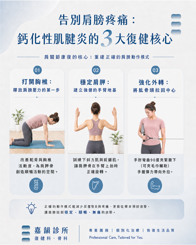 嘉韻診所復健科主治醫師顏韻珊建議若飽受「鈣化性肌腱炎」所苦,可嘗試下列復健運動。(嘉韻診所提供) 嘉韻診所復健科主治醫師顏韻珊建議若飽受「鈣化性肌腱炎」所苦,可嘗試下列復健運動。(嘉韻診所提供)