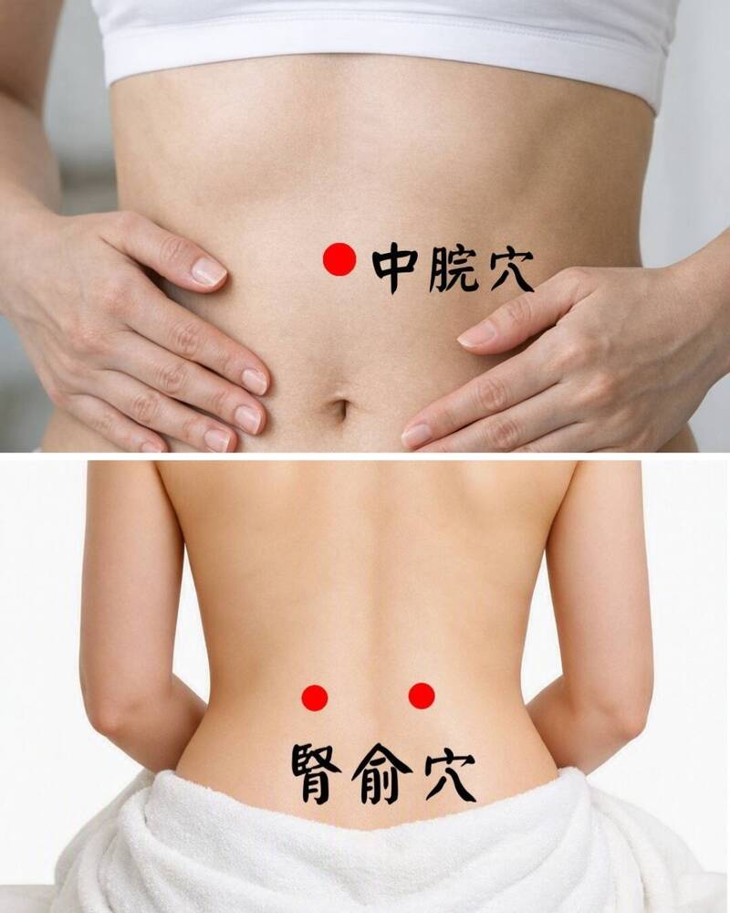 中脘穴、腎俞穴位置示意圖。(松山欣悅中醫診所中醫師賴俊宏提供,健康網合成) 中脘穴、腎俞穴位置示意圖。(松山欣悅中醫診所中醫師賴俊宏提供,健康網合成)