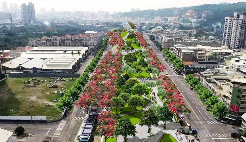 鐵路地下化完工通車後，實現地理縫合，大美術館園區的綠園道示範段，鼓山區金川街至華安街園道即將於年底完工，可望增添居民休憩賞景好場域。（圖：高市府工務局提供之綠園道模擬圖）