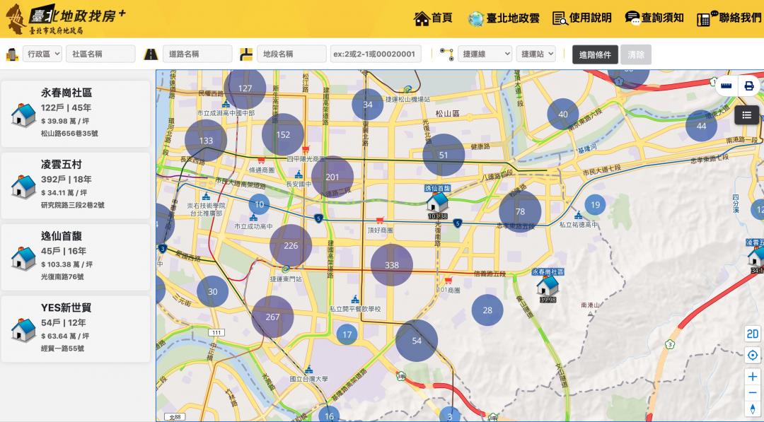 台北市地政局推出社區交易履歷5.0－「臺北地政找房＋」平台，搜尋功能更強大。（翻攝自「臺北地政找房＋」）