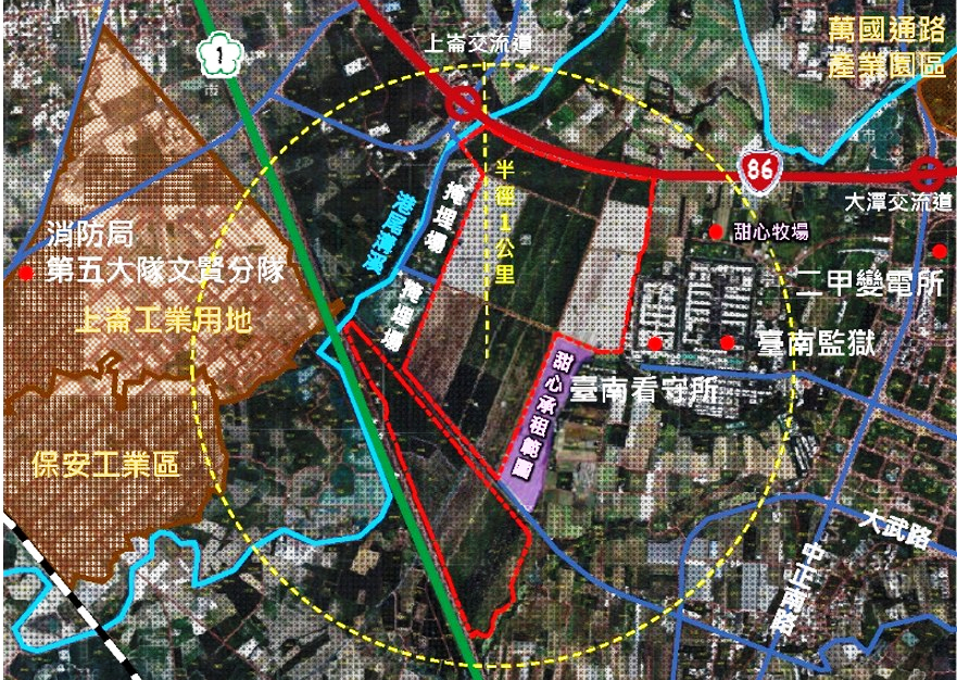 台南市府將攜手台糖公司，在緊鄰沙崙智慧科學城西側台糖港墘農場，推動綠能產業園區開發，預計112年完成園區核定設置，開發期程約5年，預估可提供約53公頃(約16萬坪)產業用地供廠商設廠，創造年產值約220億元及6000個工作機會。（圖：台南市府提供）